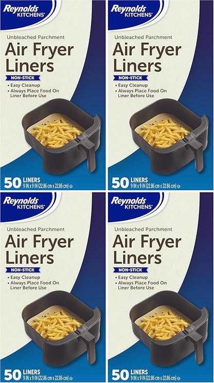 Reynolds Kitchens Air Fryer Liners Disposable, Unbleached Parchment Paper Sheets, 50 Count (Pack of 4)