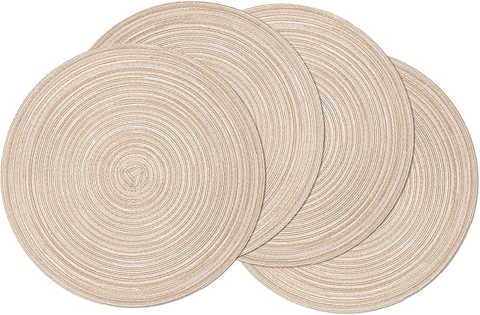 SHACOS Round Braided Placemats Set of 4 Washable Place Mats for Dining Tables 15 inch Non Slip Kitchen Table Mats (Beige, 4)