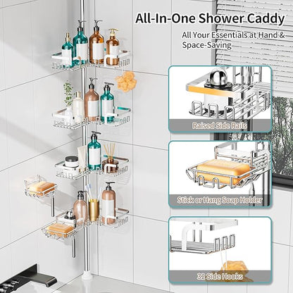 KEGII Shower Caddy Tension Pole – Corner Rustproof Bathroom Organizer with Soap Holder & Hooks, No-Drill Adjustable Shower Shelf for Renters for Families & Renters, 25-114.2 Inch, Silver