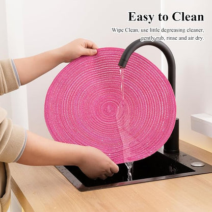 SHACOS Round Placemats Set of 4 Round Table Placemats Braided Cotton Place Mats 15 inch for Kitchen Dining Table Holiday Party (Hot Pink, 4)