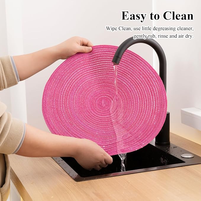 SHACOS Round Placemats Set of 8 Braided Cotton Polyester Table Placemat 15 inch Circle Place Mats for Kitchen Dining Table Holiday Party (Hot Pink, 8)