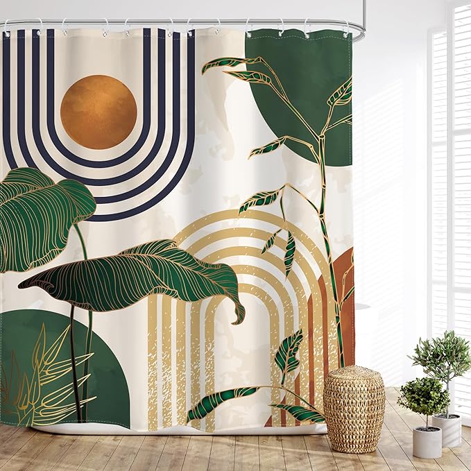 Glawry Abstract Mid Century Shower Curtain Green Retro Boho Tropical Palm Tree Sun Arch Bathroom Modern Minimalist Aesthetic 72Wx72L Inches Bath Accessories Art Home Decor Fabric 12 Pack Hooks