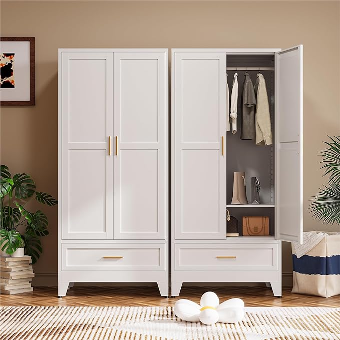 COFaR Wardrobe Closet, 71” Tall Metal Armoire with Hanging Rod, Adjustable Shelf & Drawer, Freestanding Steel Clothing Storage Cabinet with Doors for Bedroom, Office, Apartment (White)