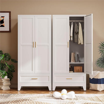 COFaR Wardrobe Closet, 71” Tall Metal Armoire with Hanging Rod, Adjustable Shelf & Drawer, Freestanding Steel Clothing Storage Cabinet with Doors for Bedroom, Office, Apartment (White)
