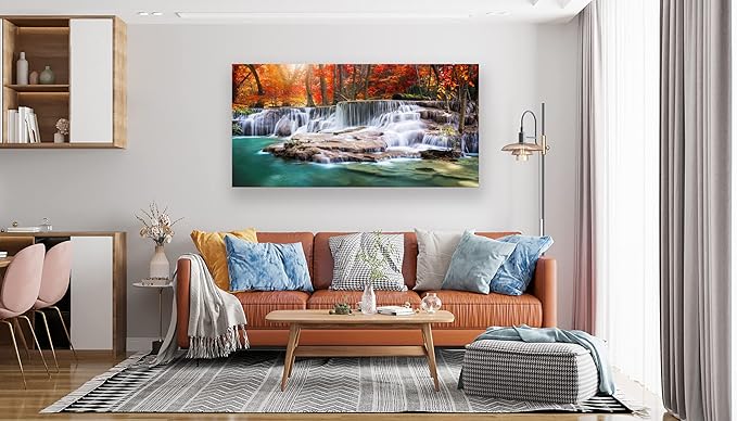 Wall Art Canvas Painting Red Forest Waterfalls 1 Piece Modern Landscape Tree Picture Poster Print Framed and Stretched Ready to Hang for Living Room Bedroom Kitchen Office Home Decor