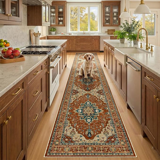 RELEANY Area Rugs Runner 2'x10' Washable Non-Slip, Floral Vintage Distress Medallion Carpet for Kitchen Hallway Bedroom Beside Laundry Room Bathroom, Red Orange Blue Brown