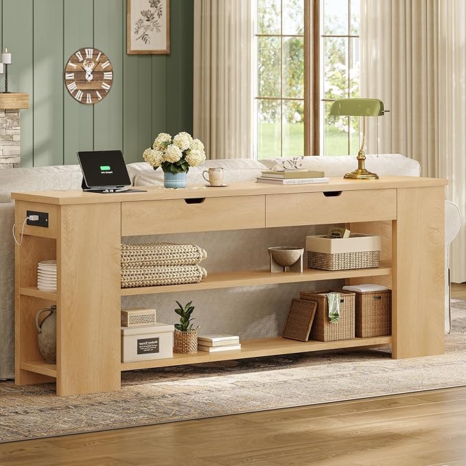 71.8" Extra Long Console Table, Farmhouse Sofa Table with Generous Storage and Built-in Outlet, Sturdy Entryway Table for Living Room, Entrance, Hallway, Foyer, Natural Wood
