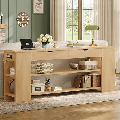 71.8" Extra Long Console Table, Farmhouse Sofa Table with Generous Storage and Built-in Outlet, Sturdy Entryway Table for Living Room, Entrance, Hallway, Foyer, Natural Wood