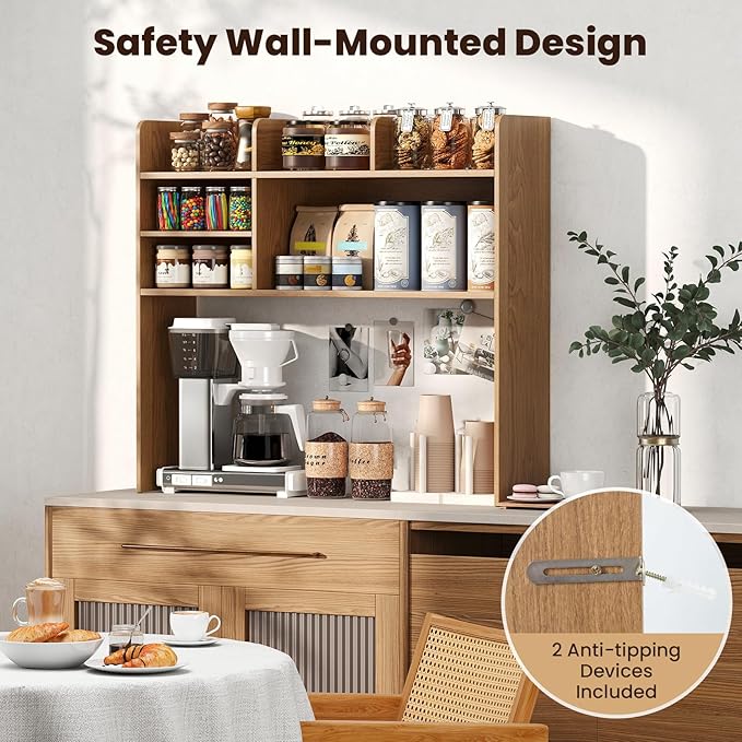 Desk Hutch, Desktop Shelf with 6 Shelves, Desk Bookshelf w/Anti-Toppling Devices, Wood Table Top Bookshelf Organizer, Small Desk Shelf for Study, Office, Dorm (Natural, 6 Shelves)