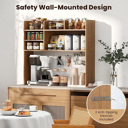 Desk Hutch, Desktop Shelf with 6 Shelves, Desk Bookshelf w/Anti-Toppling Devices, Wood Table Top Bookshelf Organizer, Small Desk Shelf for Study, Office, Dorm (Natural, 6 Shelves)