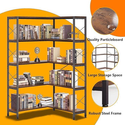 Wildhome 5-Shelf Corner Bookshelf, Vintage Industrial L-Shaped Bookshelf Etagere Bookcase, Large Book Shelf with Metal Frame Open Storage Corner Cabinet (Retro Brown-5 Shelf)