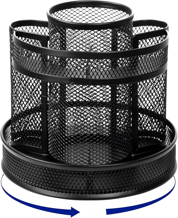 Comix 360° Rotating Pen Holder for Desk, 9 Compartments Office Desk Organizer, Black Mesh Metal Pencil Holder Cup for Office Home School