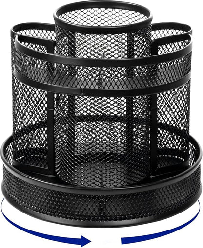 Comix 360° Rotating Pen Holder for Desk, 9 Compartments Office Desk Organizer, Black Mesh Metal Pencil Holder Cup for Office Home School