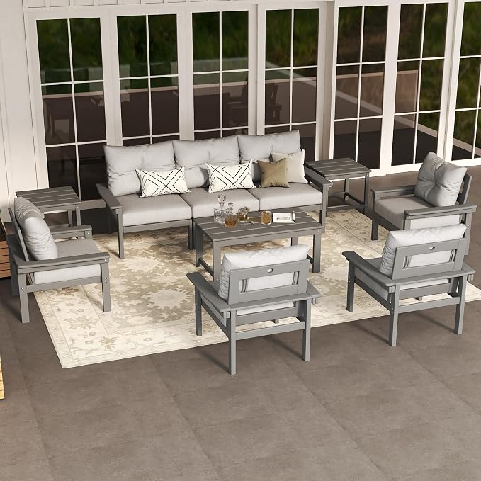 HDPE Outdoor Patio Furniture Set, 10-Piece Patio Conversation Set with 3-Seat Sofa, 4 Armchairs, 2 Side Tables & 1 Coffee Table, All-Weather Outdoor Sofa Set for Deck, Porch, Garden (Grey Frame)