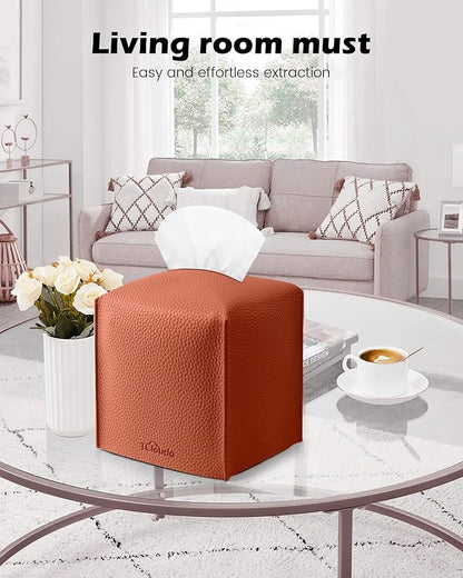 Tissue Box Cover for PU Leather, Modern Simple Solid Color Holder Square Tissue Bag, Ideal for Bathrooms,Office,Car,Outdoor Tent,Dining Table,5"X5"X5", Single Dry Rose