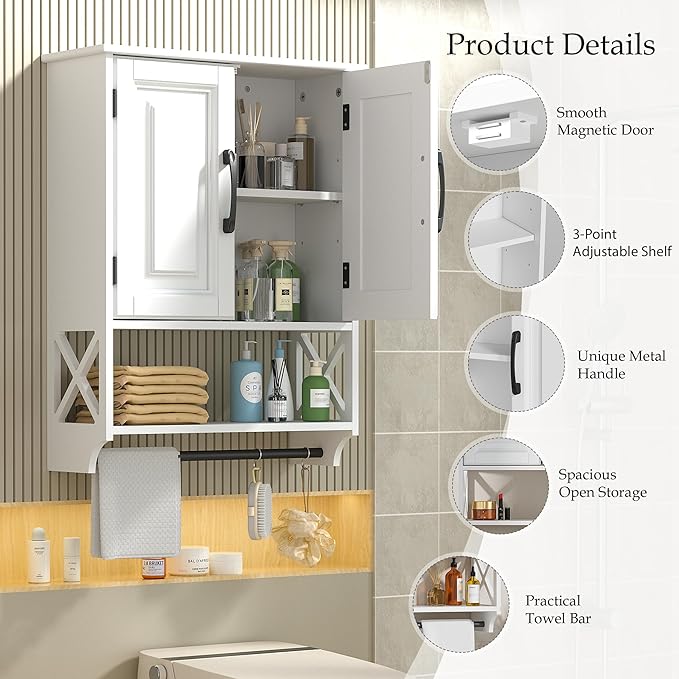 Farmhouse Bathroom Wall Cabinet with Tower Bar, 20"x25" Wall Storage Cabinet with Barn Doors & 3 Point Adjustable Shelf, 3-Tier Wall Mounted Medicine Cabinet for Bathroom Kitchen Living Room