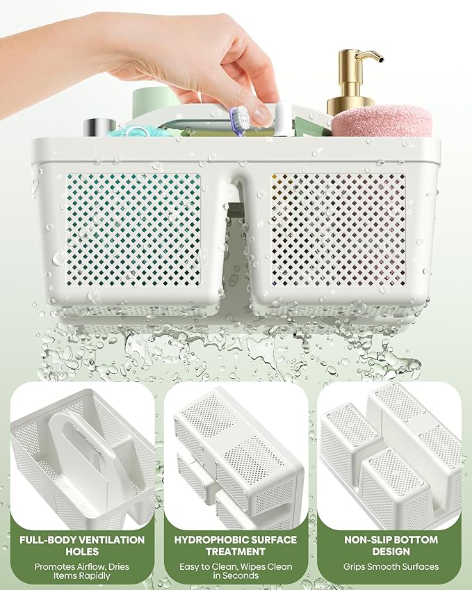 4 Pack Portable Shower Caddy, Integrated Handle, Reinforced Plastic, Quick-Dry Ventilation Holes, Multi-purpose Storage Basket for Home, Dorm and Bathroom, Kitchen, White