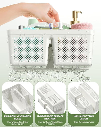 4 Pack Portable Shower Caddy, Integrated Handle, Reinforced Plastic, Quick-Dry Ventilation Holes, Multi-purpose Storage Basket for Home, Dorm and Bathroom, Kitchen, White