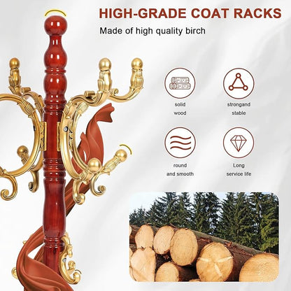 Wooden Coat rack freestanding, Coat racks stand with 14 Hook, Heavy duty coat tree standing 3 Adjustable Heights for Bedroom, Entryway, Hallway, Office,Stury Base (Begonia)