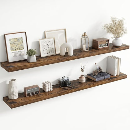 72 Inch Floating Shelves for Wall, 8 Inch Deep Floating Shelf for Storage & Display, Wall Mounted Shelf with Invisible Brackets for Living Room, Kitchen, Bathroom, Home Decor, Set of 2, Rustic Brown