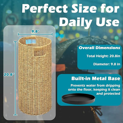 Rattan Umbrella Holder 21" H X 10" D, Handmade Wicker Umbrella Stand Indoor with Dip Tray, Sturdy Umbrella Holders for Entryway, Umbrella Bucket Fits Mudroom,Walking Canes,Home,Office (Oak)