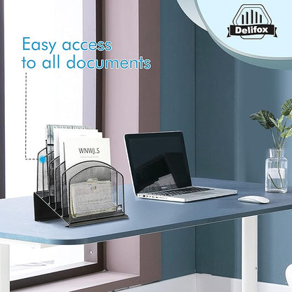 Inclined Desk File Organizer, 5-Section Vertical File Folder Holder Stand Metal Rack File Sorter for Office Classroom Desktop Organization (Black, 1Pack)