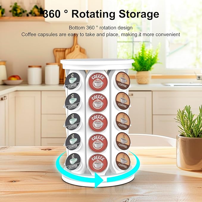 CEHNCEH K Cup Holder: Coffee Pod Carousel Organizer, Compatible with 40 Keurig K-Cup Pods, Spins 360-Degrees - Lazy Susan Platform, Home or Office Kitchen Counter Organize (Off-white)