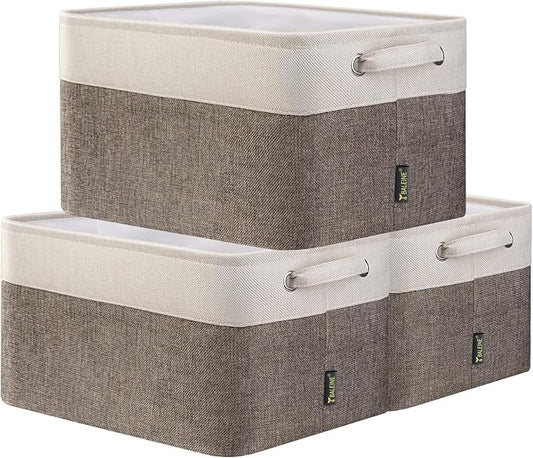 BALEINE 3 Pack Fabric Closet Storage Bins for Shelves, Linen Closet Organizers and Storage, Decorative Baskets for Organizing, Shelf, Clothes, Home, Office (Brown, 15"x11"x9.5")