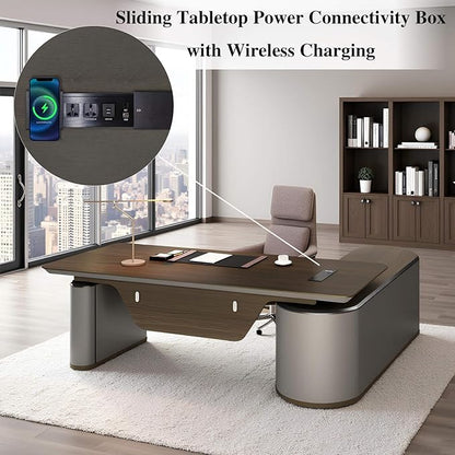 94.5" Reversible L-Shaped Adjustable Height Executive Desk with Oval Storage Cabinet - Black/Brown Standing Desk, Rounded Corners, 3 Drawers & 2 Door Compartments, Flexible Home & Office Workstation