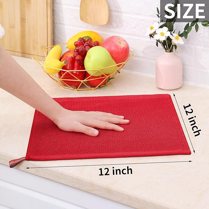 Homaxy 100% Cotton Waffle Weave Kitchen Dish Cloths, Ultra Soft Absorbent Quick Drying Dish Towels, 12 x 12 Inches, 24-Pack, Red