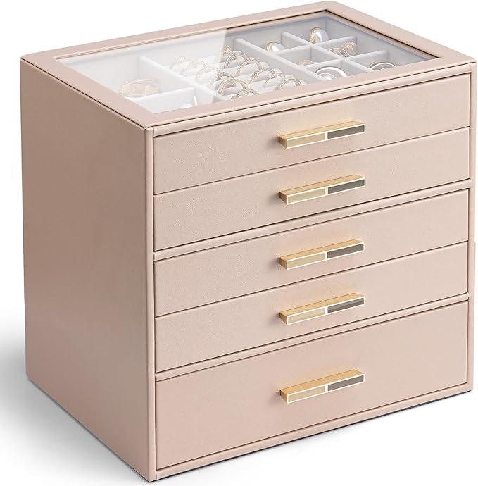 Vlando 5 Layer Jewelry Box for Women, Glass Lid Jewelry Organizer with 5 Drawers for Necklaces Rings Earrings Bracelets - Toffee