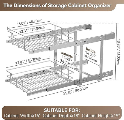 2 Tier Pull Out Cabinet Organizer 15" W X 17" D, Slide Out Drawers for Kitchen Cabinets, Pull Out Drawers for Cabinets Capacity Heavy Duty Caddy, Cabinet Pullout Shelves Chrome-Plated,Bathroom Pantry