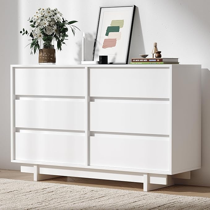 47" Wide Dresser for Bedroom with 6 Drawers,White Modern Dressers Chest of Drawers,Wooden TV Stand,Closet Clothes Organizer for Bedroom,Hallway