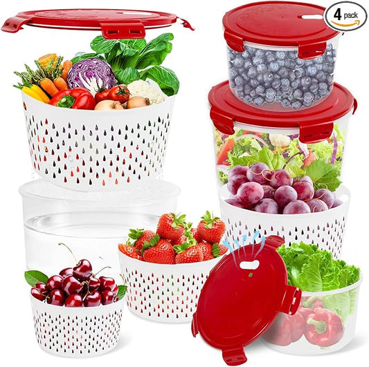 TBMax 8 Pieces Airtight Fruit Storage Containers for Fridge with Air Circulation Vent, 4 Pack Round Produce Saver with Colander for Berry Lettuce Salad Vegetable Storage, Refrigerator Organizers -Red