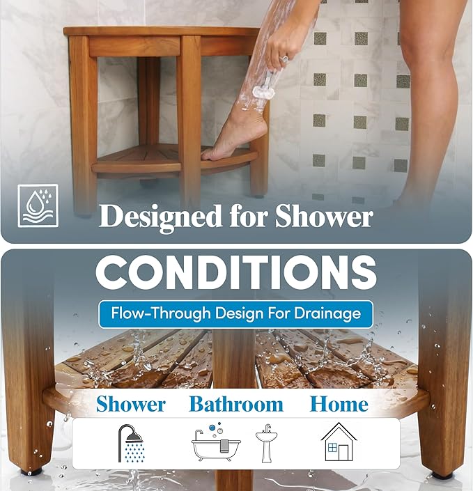 AquaTeak Patented 15.5" Kai Stainless Corner Teak Shower Bench - Shower Stool with Storage Shelf for Bathroom - Water Resistant Shower Chair with Teak Oil & Cleaner CareKit - Shaving Foot Rest