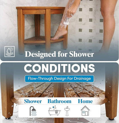 AquaTeak Patented 15.5" Kai Stainless Corner Teak Shower Bench - Shower Stool with Storage Shelf for Bathroom - Water Resistant Shower Chair with Teak Oil & Cleaner CareKit - Shaving Foot Rest