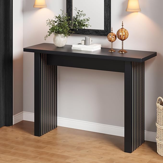 Fluted Entryway Console Table, Wooden Rectangular Sofa Table for Entrance, Narrow Wood Entryway Small Long Entry Table for Hallway, Living Room (Black)