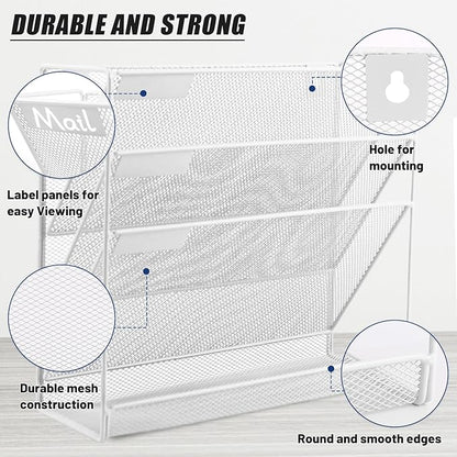 EASEPRES Desk File Organizer Mesh 4-Tier, Hanging Wall Mount Document Organization Stand, Desktop Vertical Mail Paper Folder Holder Rack with Bottom Tray for Office Home Cubicle Countertop, White