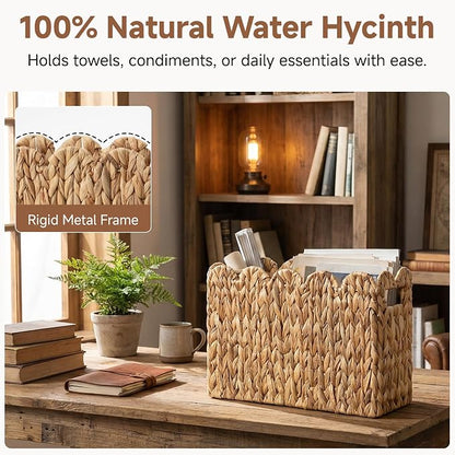 StorageWorks Hand-Woven Magazine Holder, Magazine Wicker Basket for Bathroom, Scalloped Rattan Magazine Holder, Natural Water Hyacinth, 1 Pack