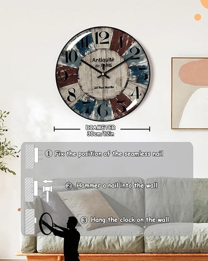 Decorative Wall Clocks Batterys Operated, Retro Wall Clock with Glass Dial, 12-Inch Dial with Roman Numerals, Silent and No Ticking, Suitable for Living Room, Bedroom, Dining Area, Workspace