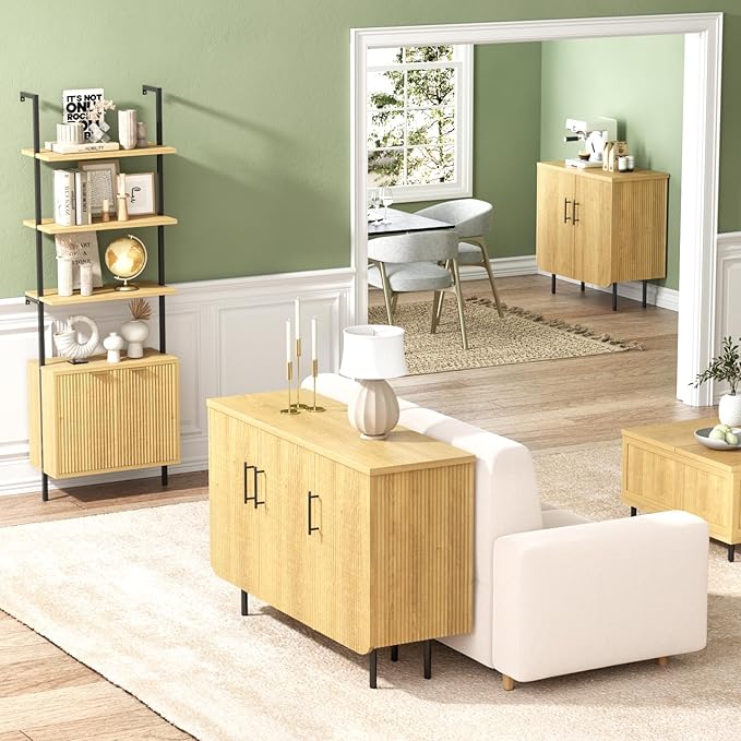 Sideboard Buffet Set of 2, Storage Cabinet with 2 Doors, Adjustable Shelf, Fluted Accent Cabinet for Living Room, Modern,Natural