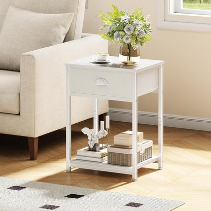 Furologee White Nightstands Set of 2, End Table with Fabric Drawer, Small Side Table for Small Spaces, 2 Tiers Storage Shelves End Table, Bedside Table for Living Room, Bedroom, Dorm