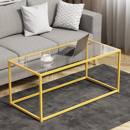 Coffee Table,Tempered Glass Coffee Table,Minimalist Center Table for Living Room,Office,Modern Glass Top Coffee Table with Sturdy Metal Frame & Open Storage, Easy Assembly,Gold