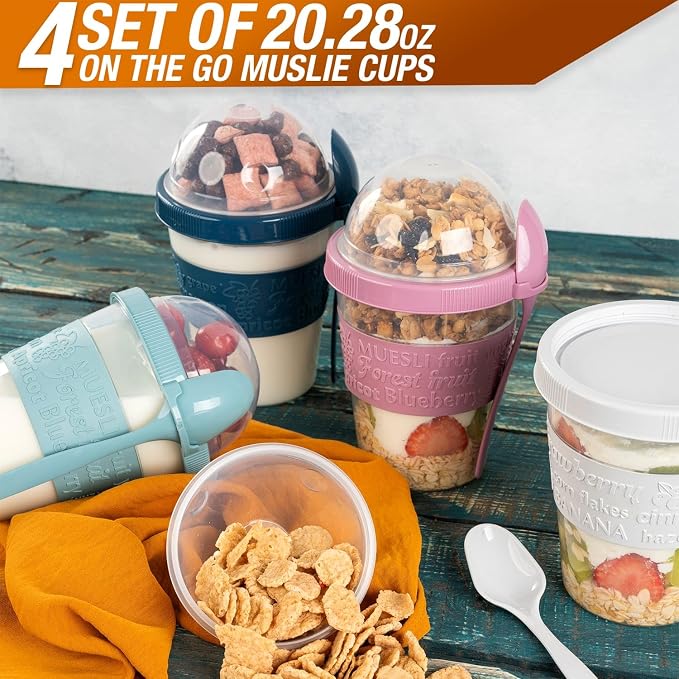 4-Pack Reusable Parfait Cups with Lids & Built-In Spoons - BPA-Free Dual-Compartment Containers for Oatmeal, Granola, Breakfast, Gym, and Travel - Leakproof & Dishwasher Safe - (20 oz)