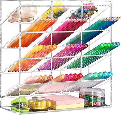 BEYGORM Acrylic Vertical Marker Organizer for 150 Markers with 13 Compartments, Clear Angled Pen & Pencil Holder, Large Desk Stationery & Art Supply Storage for Office & School (10.2 x 9.8 x 4 Inch) | for 150 Markers, Angled, Pen Holders, Desktop Organ...