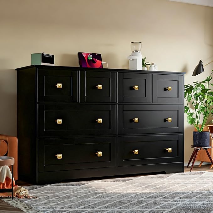 Dresser for Bedroom with Power Outlets Wide Chest of Drawers with 8 Drawers Modern Wooden Dressers with Metal Handle Large Closet Store Organizer for Bedroom Living Room Hallway Closet Black