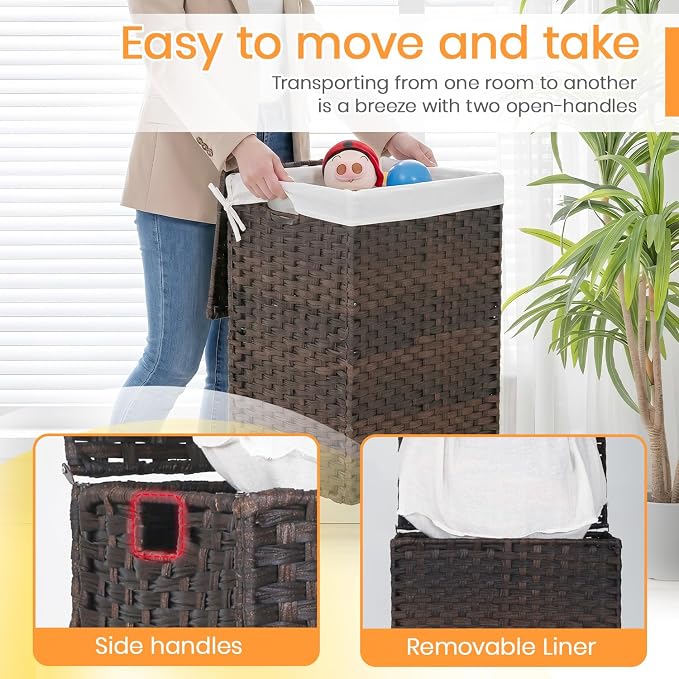 FDW Handwoven Laundry Hamper with Lid, 90L Foldable Rattan Clothes Basket with 2 Removable Liners & 6 Mesh Laundry Bags for Bathroom Bedroom, Brown