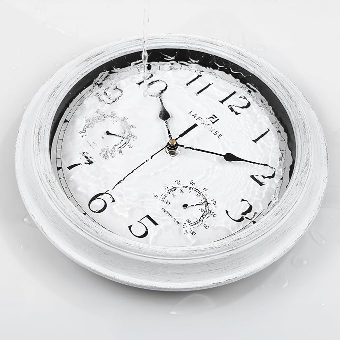 Lafocuse White Outdoor Wall Clocks Waterproof for Patio with Thermometer, 12 Inch Hygrometer Wall Clock for Kitchen Bathroom Garage