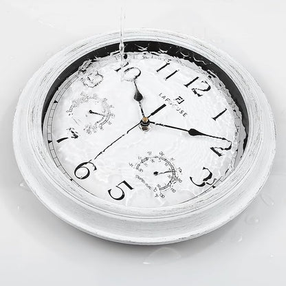 Lafocuse White Outdoor Wall Clocks Waterproof for Patio with Thermometer, 12 Inch Hygrometer Wall Clock for Kitchen Bathroom Garage