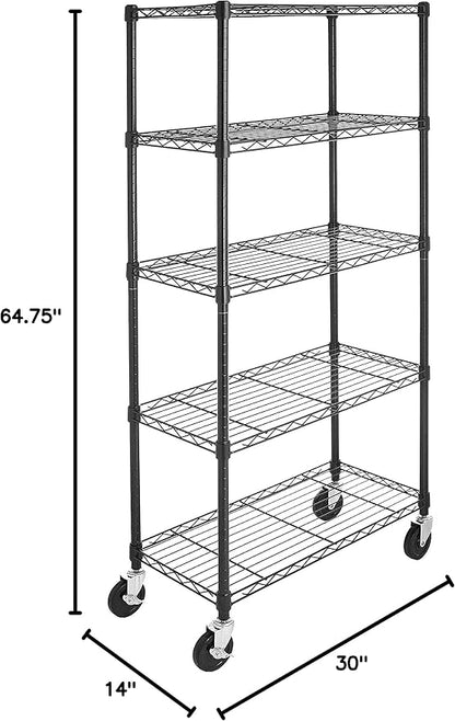 Amazon Basics 5-Shelf Adjustable, Heavy Duty Storage Shelving Unit on 4'' Wheel Casters, Metal Organizer Wire Rack, 30" L x 14" W x 64.75" H, Black